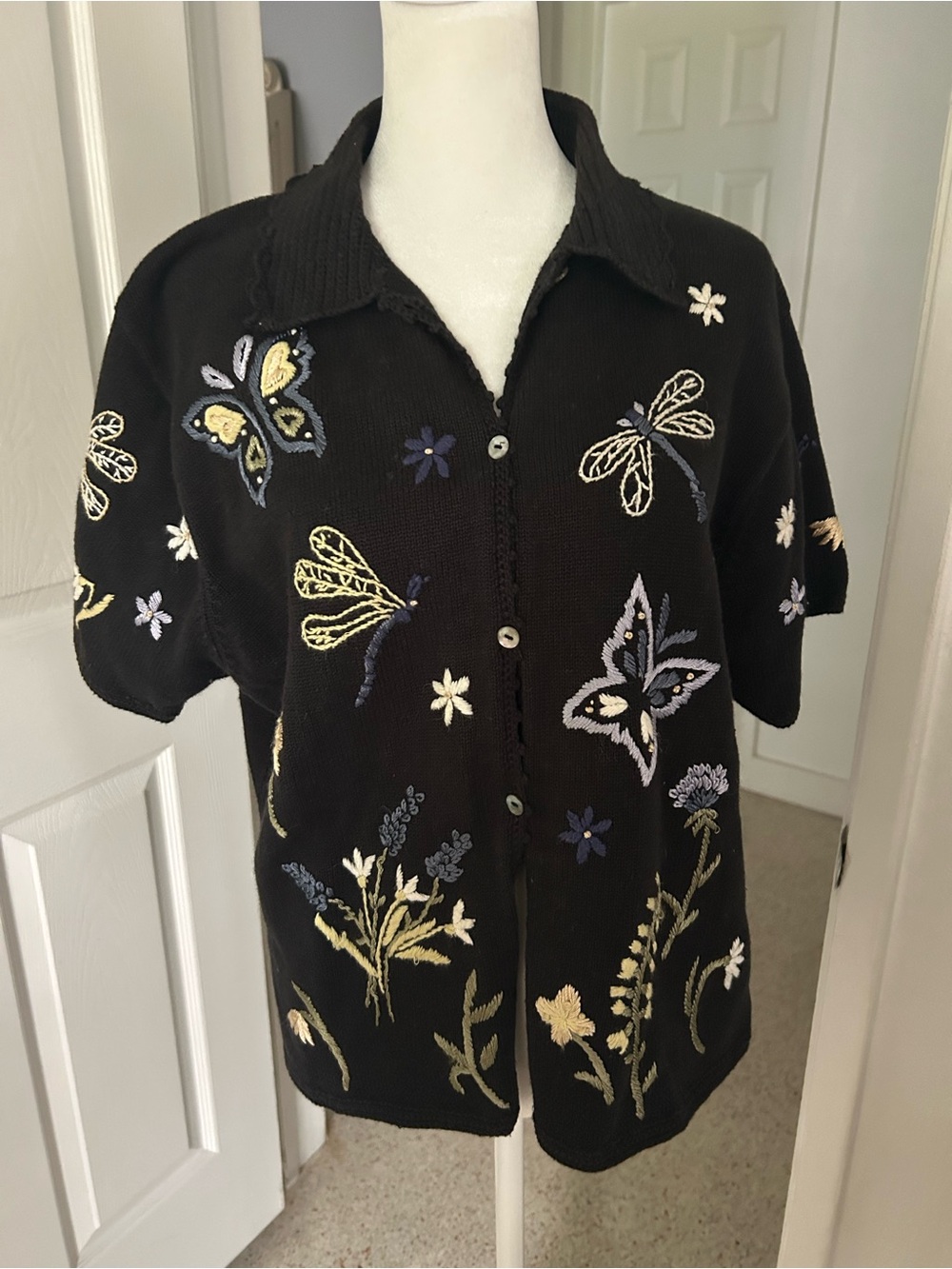 Vintage Elana Carello Whimsical  Cardigan w/ Butterflies, Dragonflies